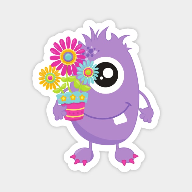 Spring Monster, Purple Monster, Colorful Flowers Magnet by Jelena Dunčević