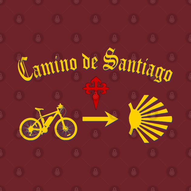 Camino de Santiago Typography Bicycle Yellow Arrow Scallop Shell Red Cross by Brasilia Catholic