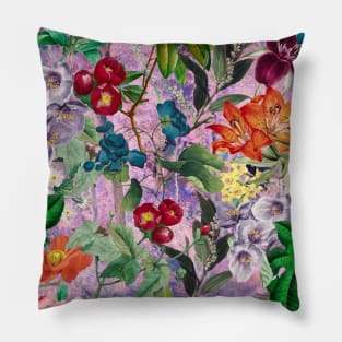 Trendy colorful flowers pattern, botanical illustration, leaves and flowers, purple floral Pillow