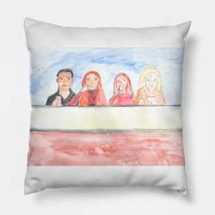 Young people in a cafe eating ice cream. Pillow