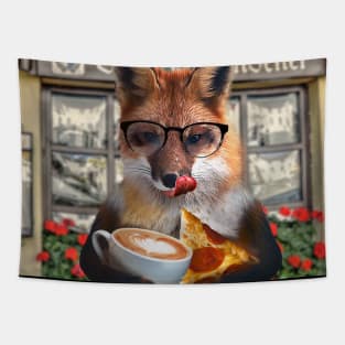 Fox Wearing Glasses Eating Pizza Drinking Coffee Tapestry