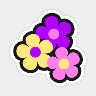 60's Flower Power Pop Flowers in Pink, Purple and Yellow on Black Magnet