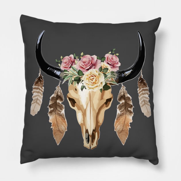 skull cow boho style Pillow by Collagedream