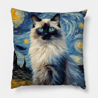 Ragdoll Cat Breed Painting in a Van Gogh Starry Night Art Style Pillow