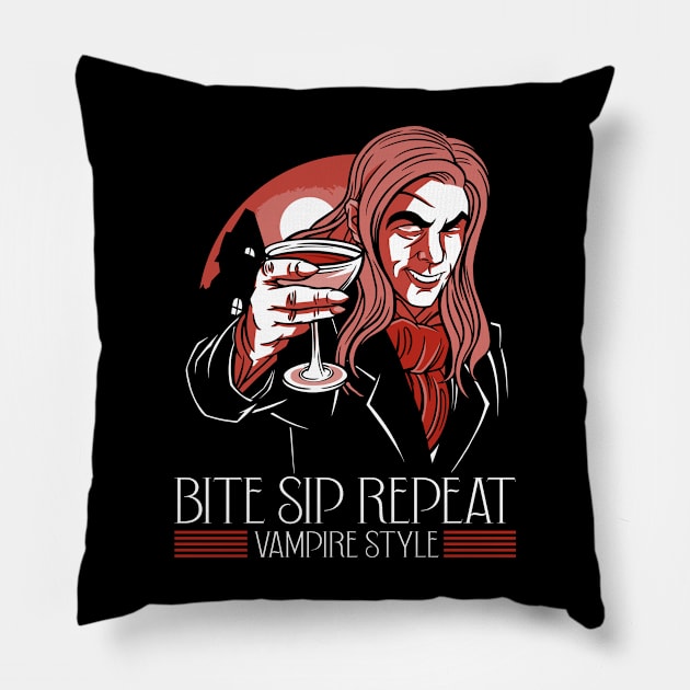 Bite Sip Repeat Funny Vampire Halloween Costume Pillow by Emmi Fox Designs