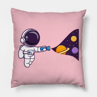 Cute Astronaut With Flashlight In Space Cartoon Pillow