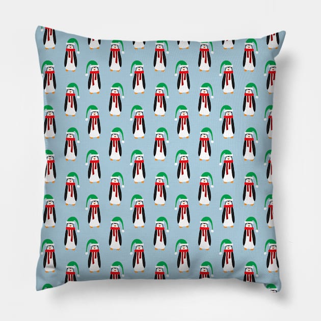 Light Blue Christmas Penguin Pattern Pillow by saradaboru