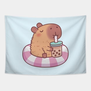 Cute Capybara On Pool Float Drinking Bubble Tea Tapestry