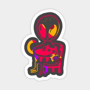 Alien petting a cat in red, orange and purple cute gift Magnet