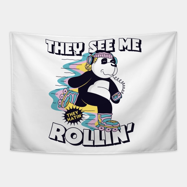 They See Me Rollin' They Hatin' // Rollerblading Panda Tapestry by Now Boarding