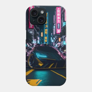 Dark Neon Sports Car in Japanese Neon City Phone Case