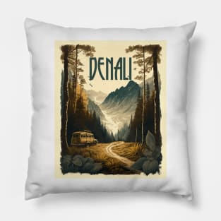 Denali National Park Vintage Travel Art Poster Pillow