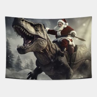 Santa Claus riding T-rex Tapestry