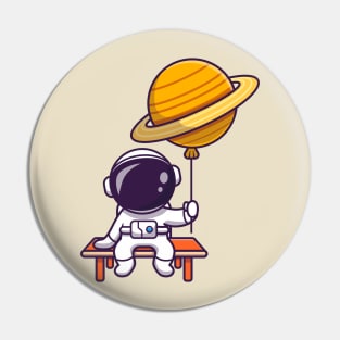 Cute Astronaut Sitting And Holding Planet Balloon Cartoon Pin