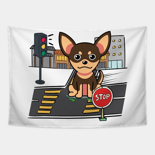 Cute small dog is skate boarding on the street Tapestry by Pet Station