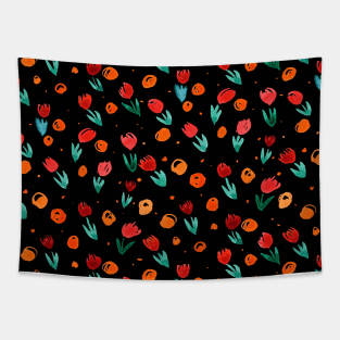 Watercolor tulips pattern - black and orange Tapestry