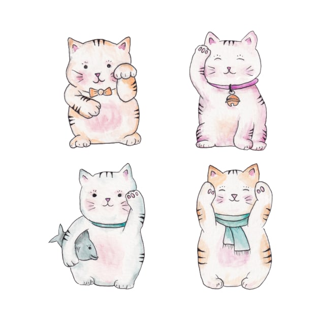 Maneki Neko - Watercolor Kawaii Japanese Lucky Cats by wanderinglaur