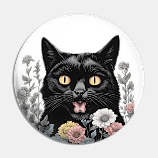 retro black cat flowers Pin