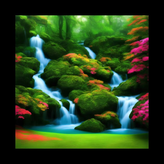 Ai Generated Art Scenery - Colourfull Mystical Forest With River Flowing Down A Lush Green Hill by Double E Design