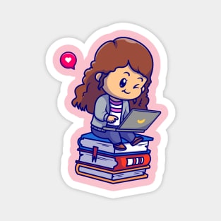 Cute Girl Playing Laptop On Book Cartoon Magnet