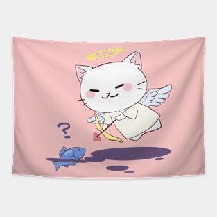 Cute Chibi Angel Cat Hunting Fish Tapestry