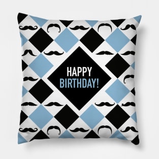 Happy Birthday! Mustaches Black & Blue Pillow