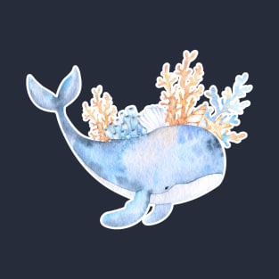 Big blue whale with sea shells and corals T-Shirt