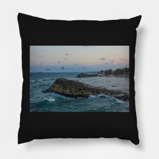 Tulum Mexico Pelicans flying over Tulum beach at sunset MX Pillow