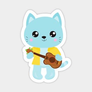 Hawaii Cat, Cute Cat, Blue Cat, Guitar, Luau Magnet