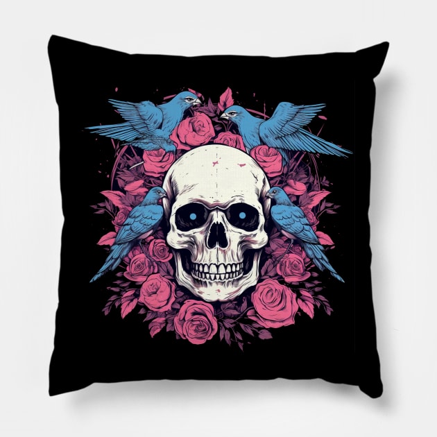 Skull with Birds and Floral Design Pillow by TOKEBI