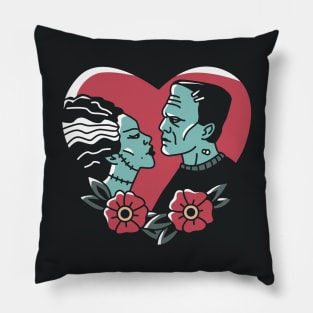 Vintage Monster Love Frankenstein's Monster and Bride of Frankenstein // Retro Tattoo Style Halloween Pillow