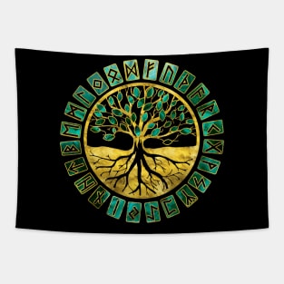 Tree of life  -Yggdrasil and  Runes alphabet Tapestry