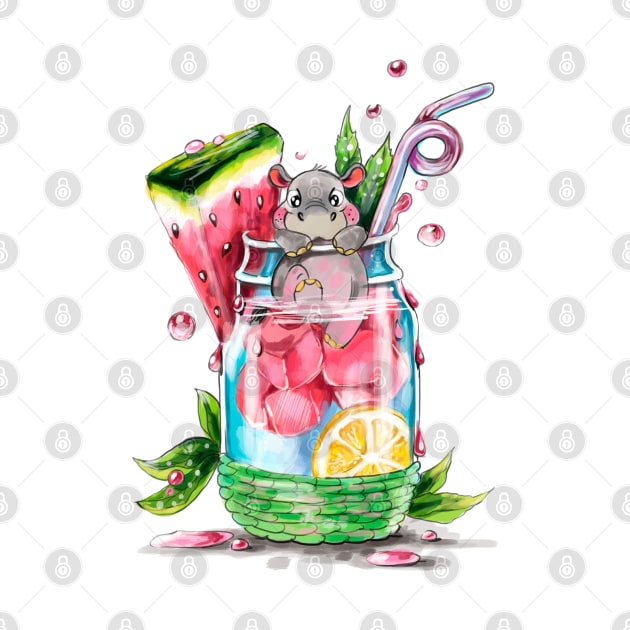 Cute Hippo and Fruit Cocktail by KimLeex