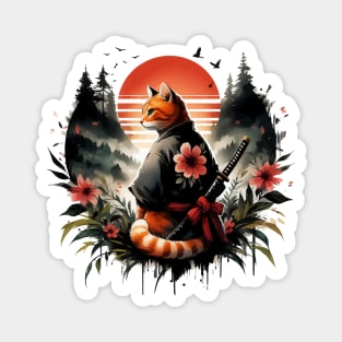 Sumie Floral Ginger Cat Samurai Warrior In Forest Magnet