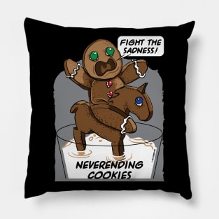 FIGHT THE SADNESS, GINGERBREAD MAN ON A HORSE, IN THE SWAMP (MILK) OF SADNESS Pillow