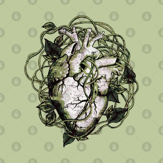 Human heart and climbing plant, green, nature and garden lovers, Anatomy illustration art by Collagedream