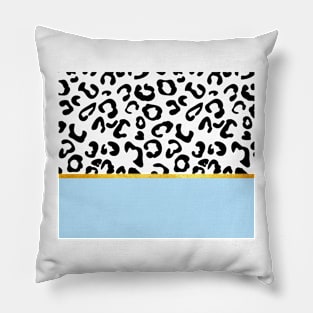 Black and white leopard print on light blue, golden lining Pillow