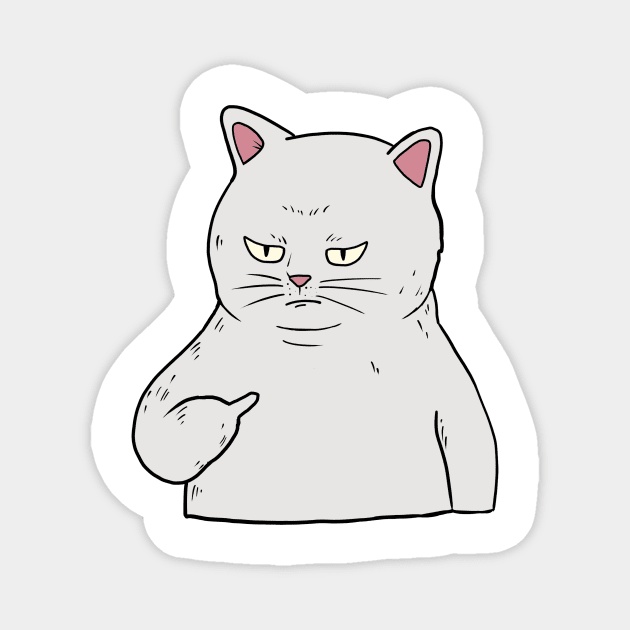 Grumpy white Cat Holding Middle Finger Magnet by Mesyo