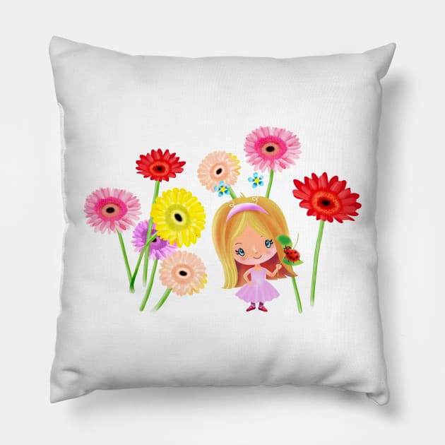 Cartoon girl and flowers Pillow by sonaart