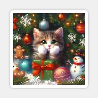 Christmas cat painting with gifts and snowman Magnet
