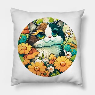 Happy Cute Cat In Flowers - Floral kitty - Cat Filled With Flowers Pillow