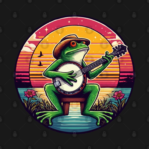 Frog Playing Banjo, Retro Sunset by MoDesigns22 