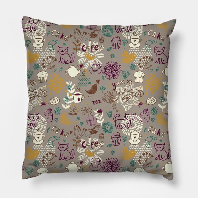 Cat & Cake Pattern Pillow by AnnieWijaya