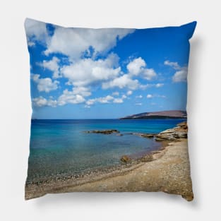 The wonderful beach at Agios Kyprianos in Andros, Greece Pillow