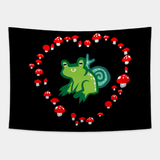 Red Mushroom Heart with Frog and Snail "Goblincore Snuggles" Tapestry