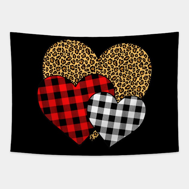 Buffalo Red Black Plaid And Leopard Hearts Valentine Day Tapestry by Manonee