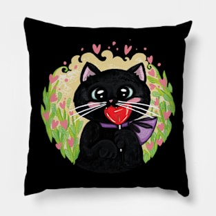 Black cat wit lollipop Pillow