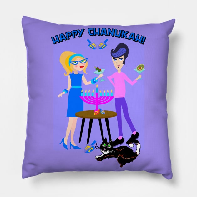 A mid century couple celebrate Chanukah! Pillow by Lynndarakos