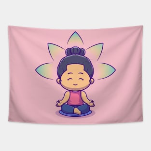 Cute Woman Meditation Yoga Cartoon Tapestry