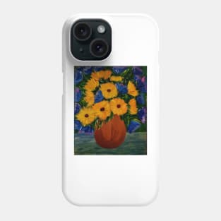 Some blue flowers and sunflowers in a bronze vase Phone Case